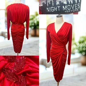 🔥 NIGHT MOVES Retro Ruched Embellished Beaded Prom Cocktail Dress Size 13/14
